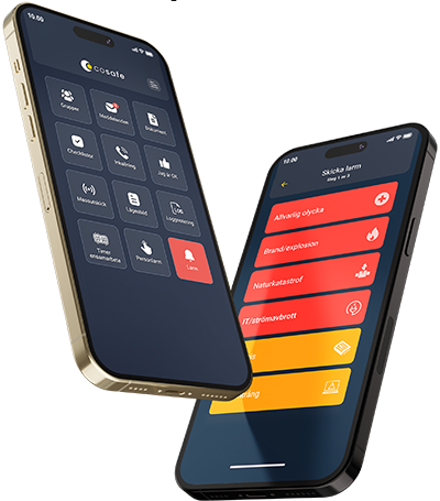 Cosafes larmapp visad på en mobilskärm med olika funktioner för krishantering.
