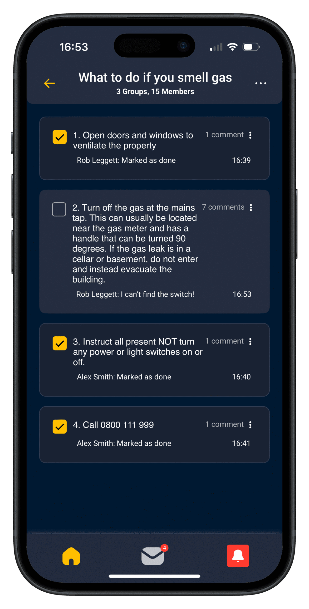 Mockup of the Cosafe app showing interactive emergency checklists for enterprise and hospitality staff.