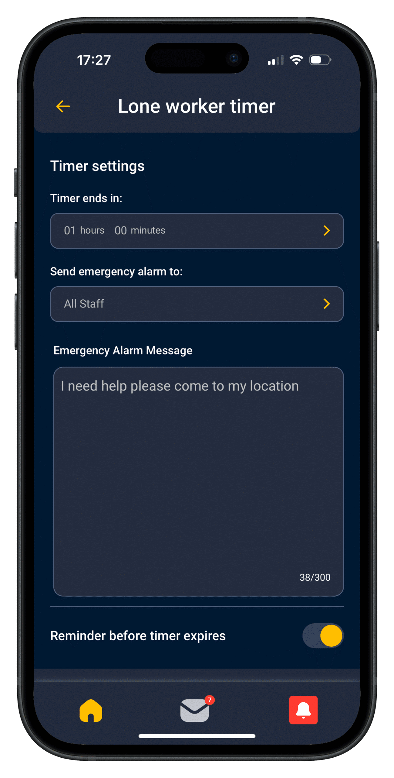 Mockup of the Cosafe app displaying the lone worker timer.