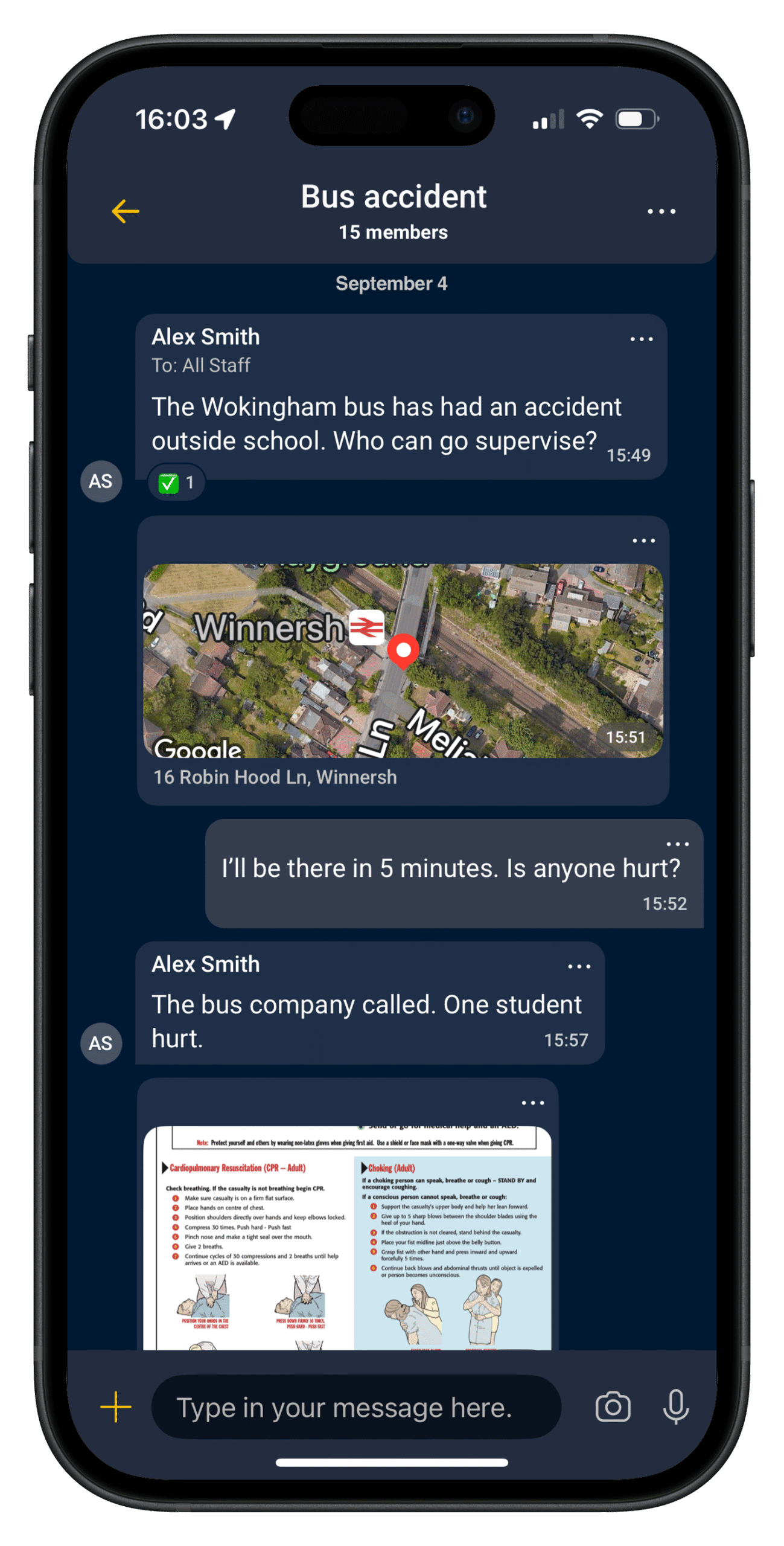 Mockup of the Cosafe app showing GDPR-compliant messaging during an incident.