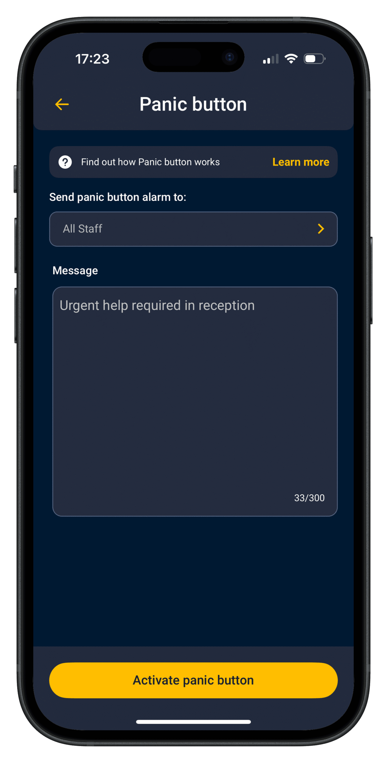 Mockup of the Cosafe app displaying the panic button.