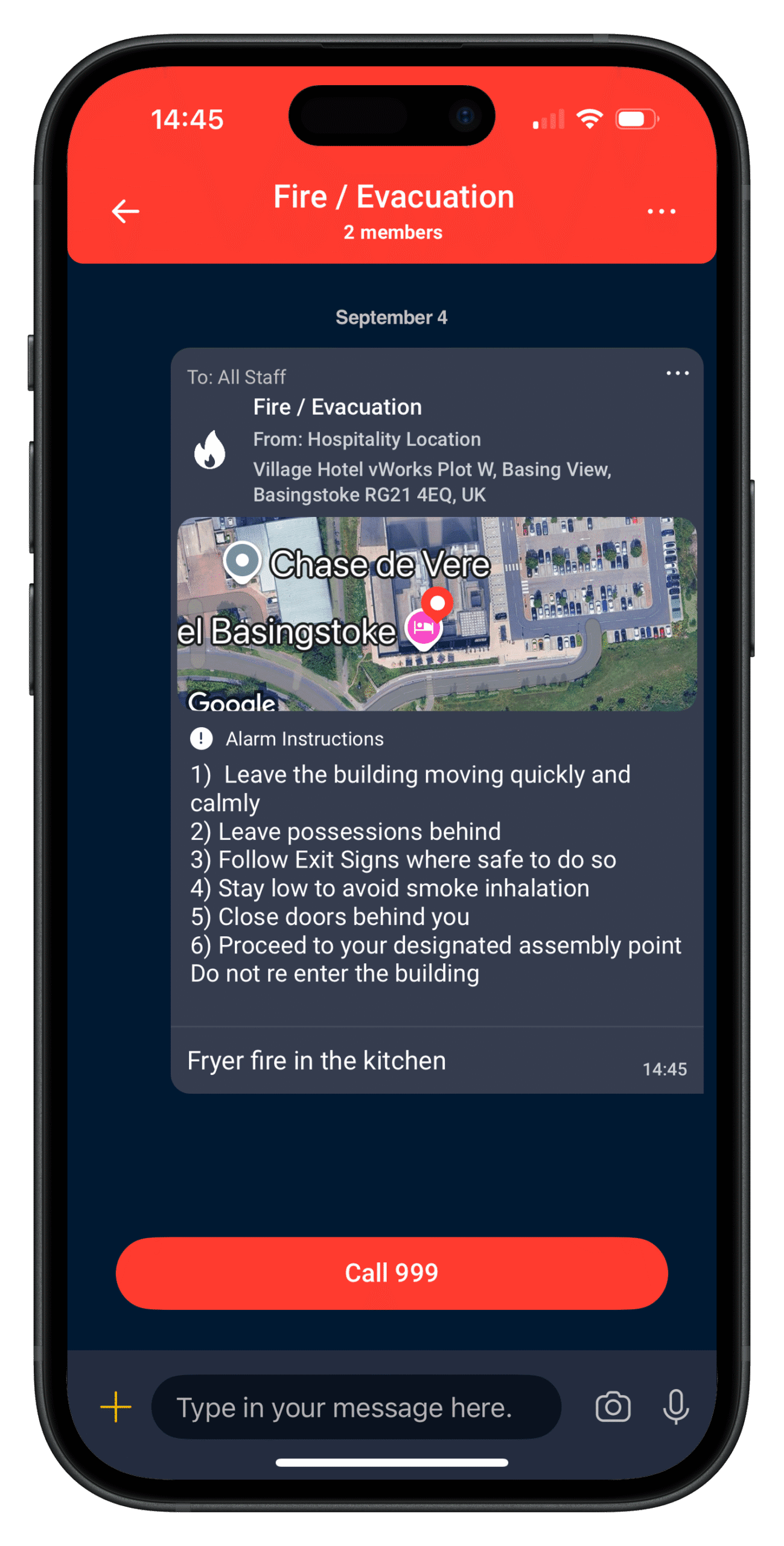 Mockup of the Cosafe app displaying a received alarm with instructions during an incident in an enterprise or hospitality setting.