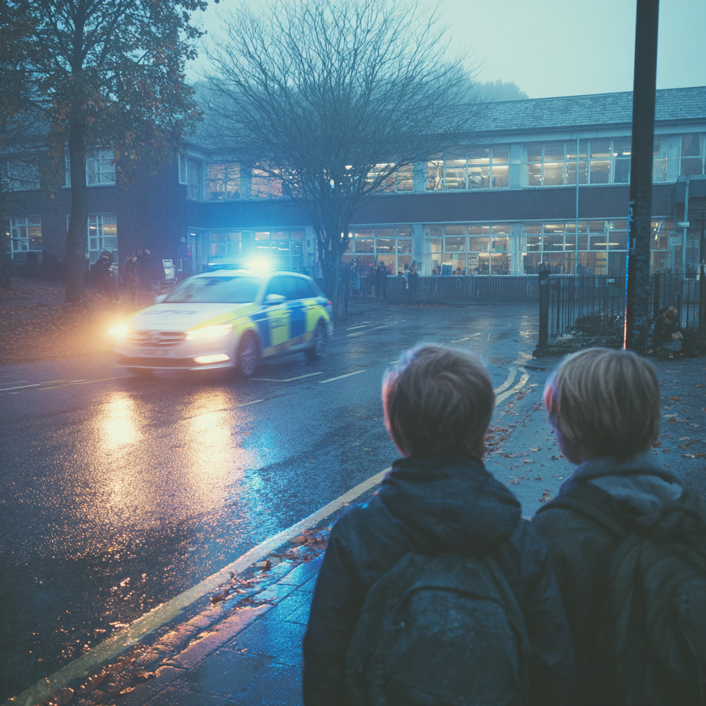 A police car with sirens on outside a school