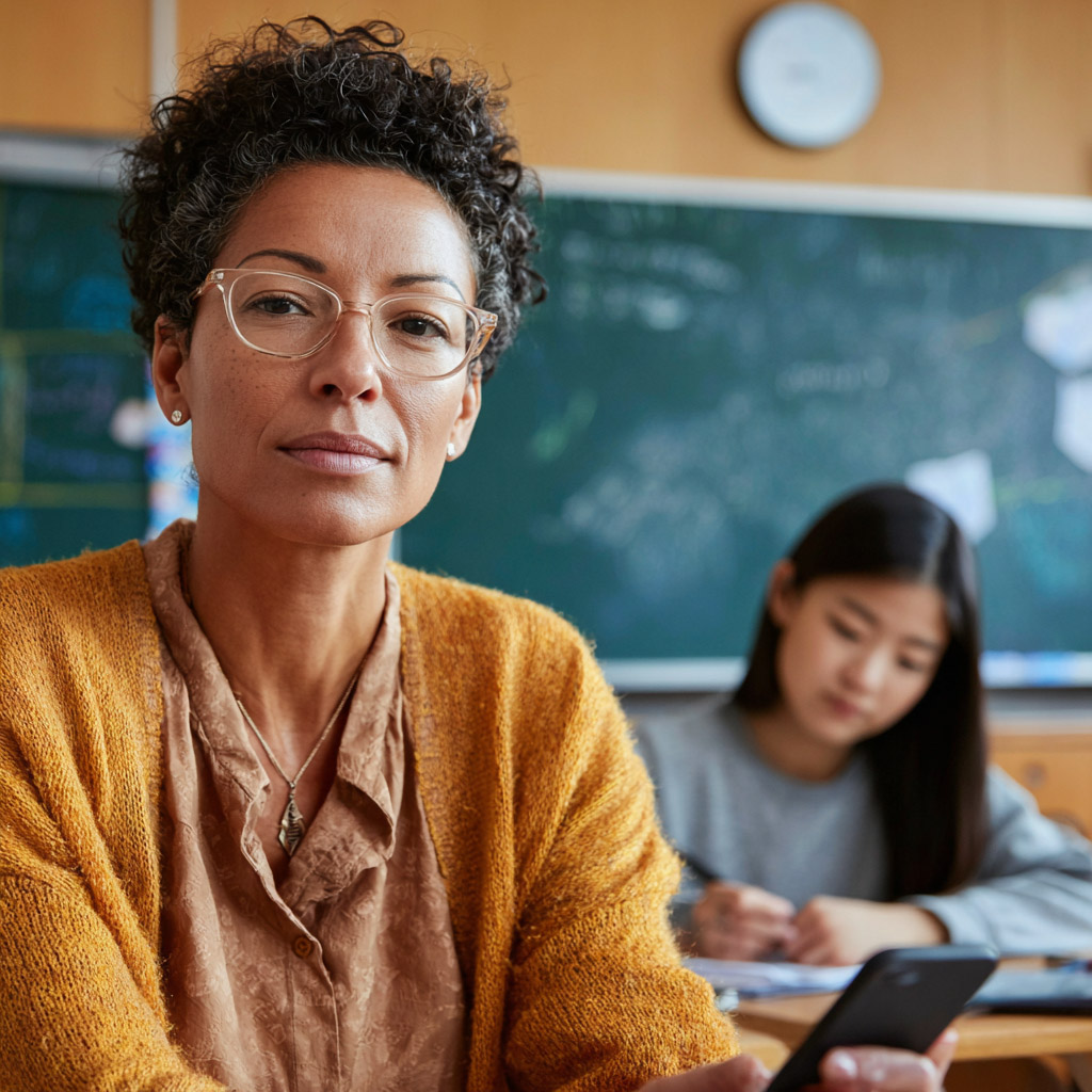 Teacher in classroom looking at their phone