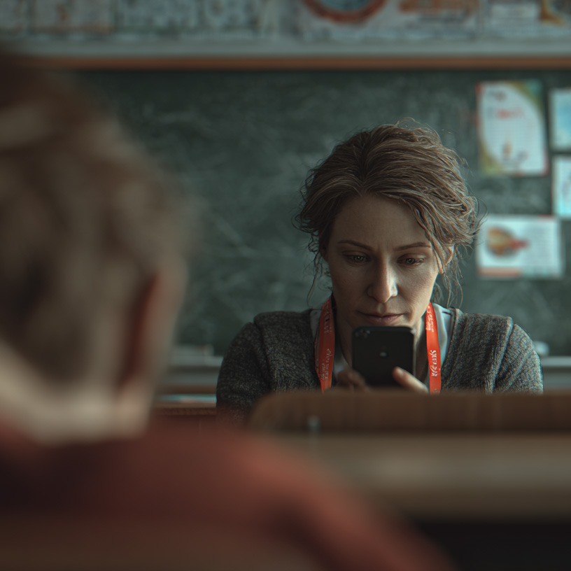 A worried teacher crouching behind a desk while looking at her phone